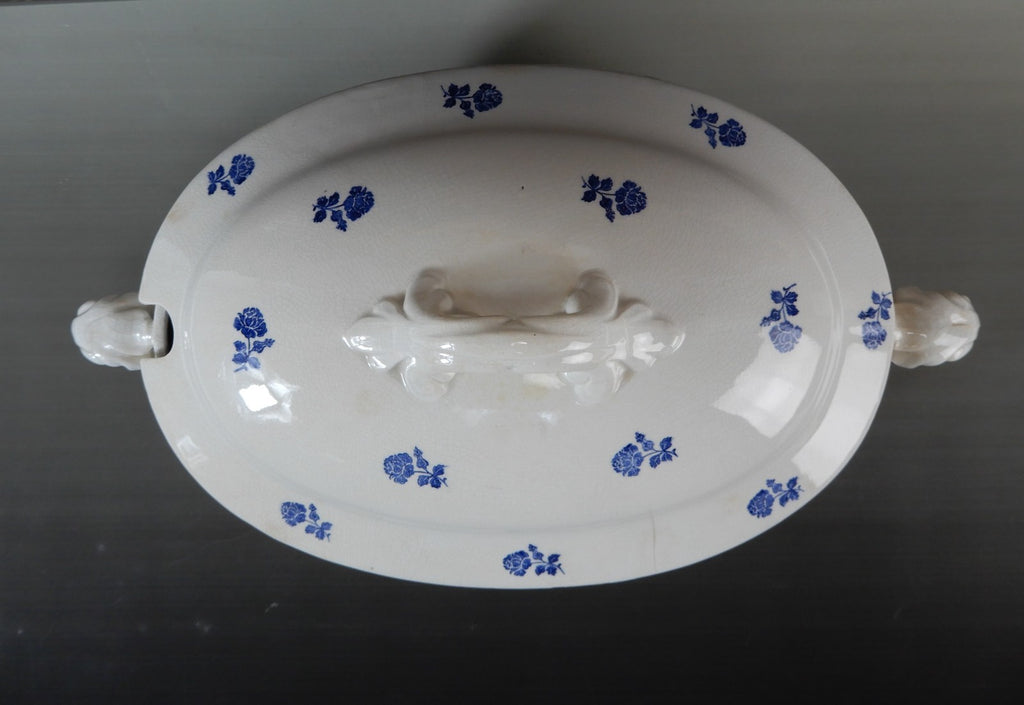 Antique GEFLE Porcelain Soup Tureen, Blue Rose Motif, Swedish Transferware