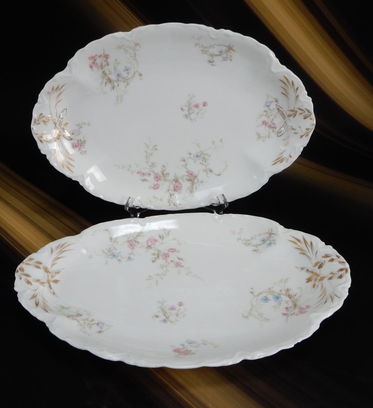 Set of 2 Haviland Limoges Pink and Blue Flowers 11-3/8" Serving Platters Chipped
