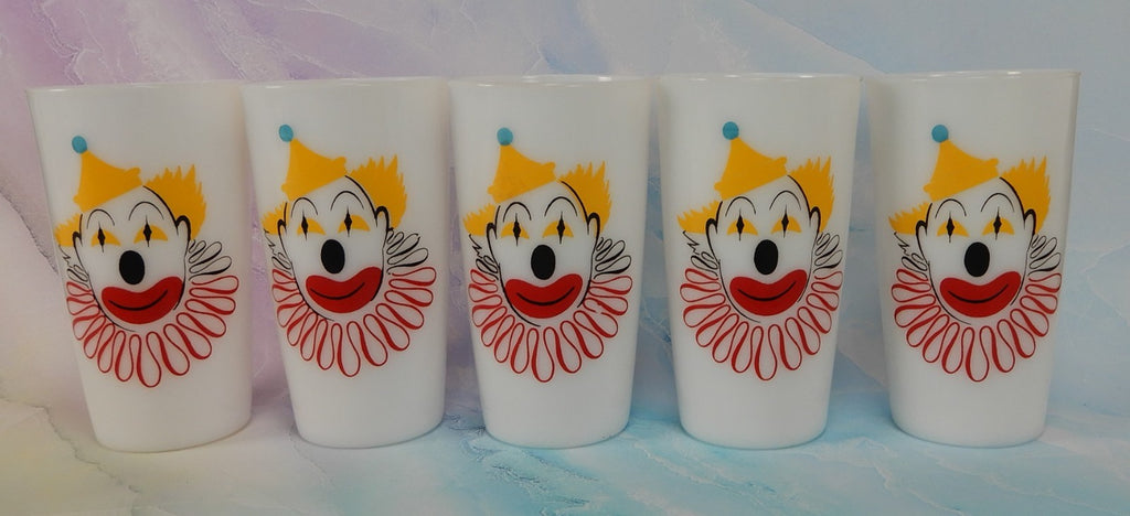 Set of 5 Hazel Atlas Milk Glass Clown Face High Ball Tumbler Glass 11 oz