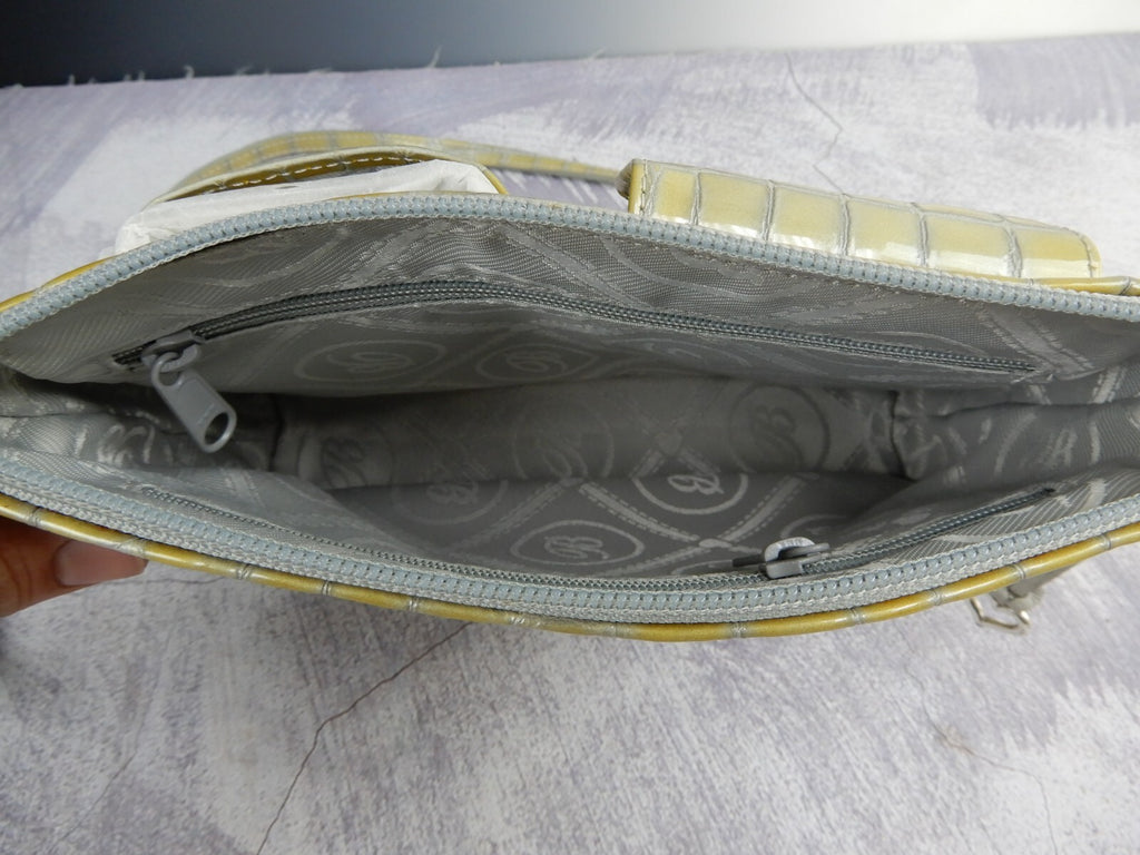 Vintage Brighton Patent Leather Crossbody Croc Embossed Gray/Green 9" by 7"