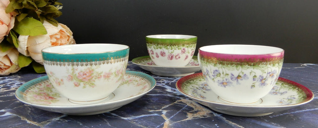 Set of 3 Cups and Saucers with Flowers Made in Austria (Eagle Flying Mark)