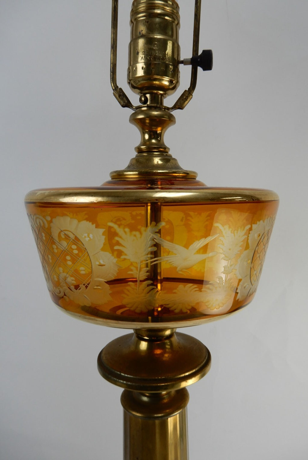 Vintage Czech Bohemian Amber Glass Etched W/ Brass Pilar Table Lamp Marble Base