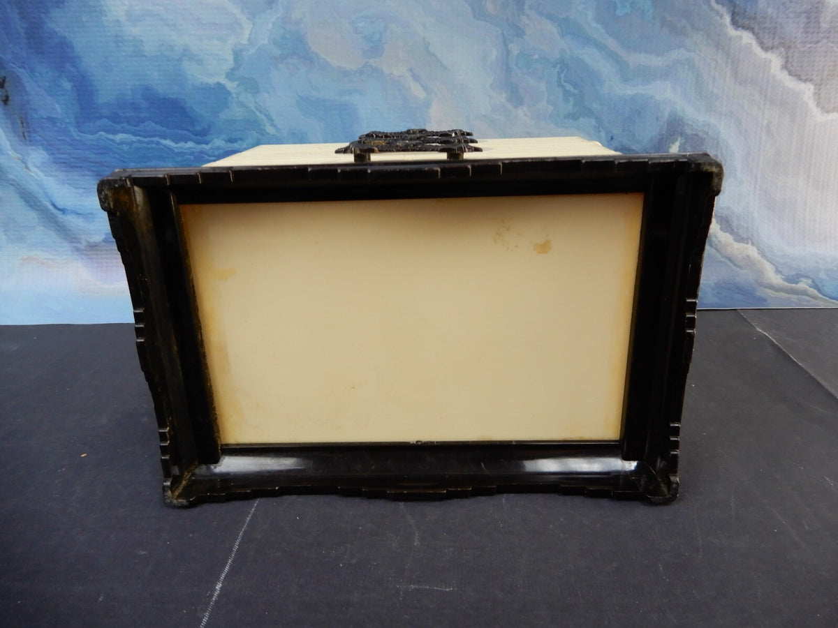 Vintage Asian Celluloid Bakelite Beige Jewelry Box Embossed Black Dragon Handles