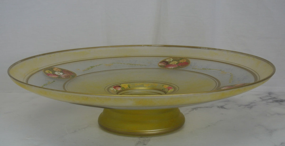 Vintage Bohemian Glass Hand Painted Enamel Footed Bowl, Stand