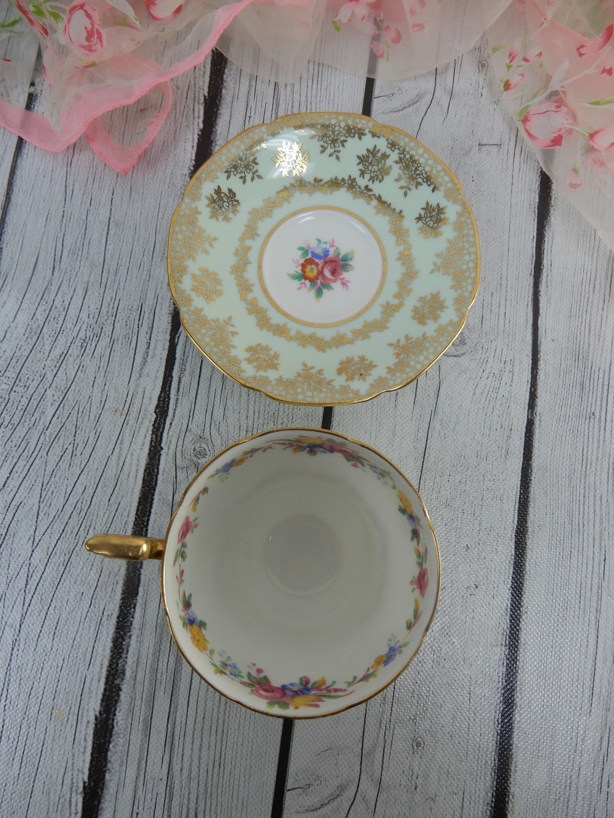 Paragon Double Warrant Mint Green Gold Filigree Tea Cup & Saucer