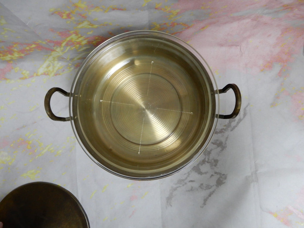 Vtge Brass Chafing Dish Buffet Three-legged Stand Warmer w/ PYREX  Insert