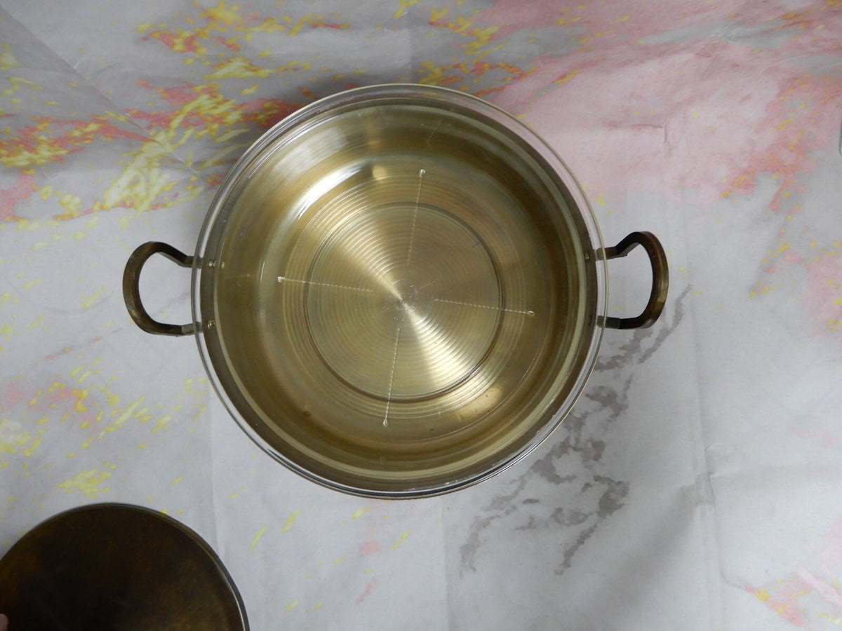 Vtge Brass Chafing Dish Buffet Three-legged Stand Warmer w/ PYREX  Insert