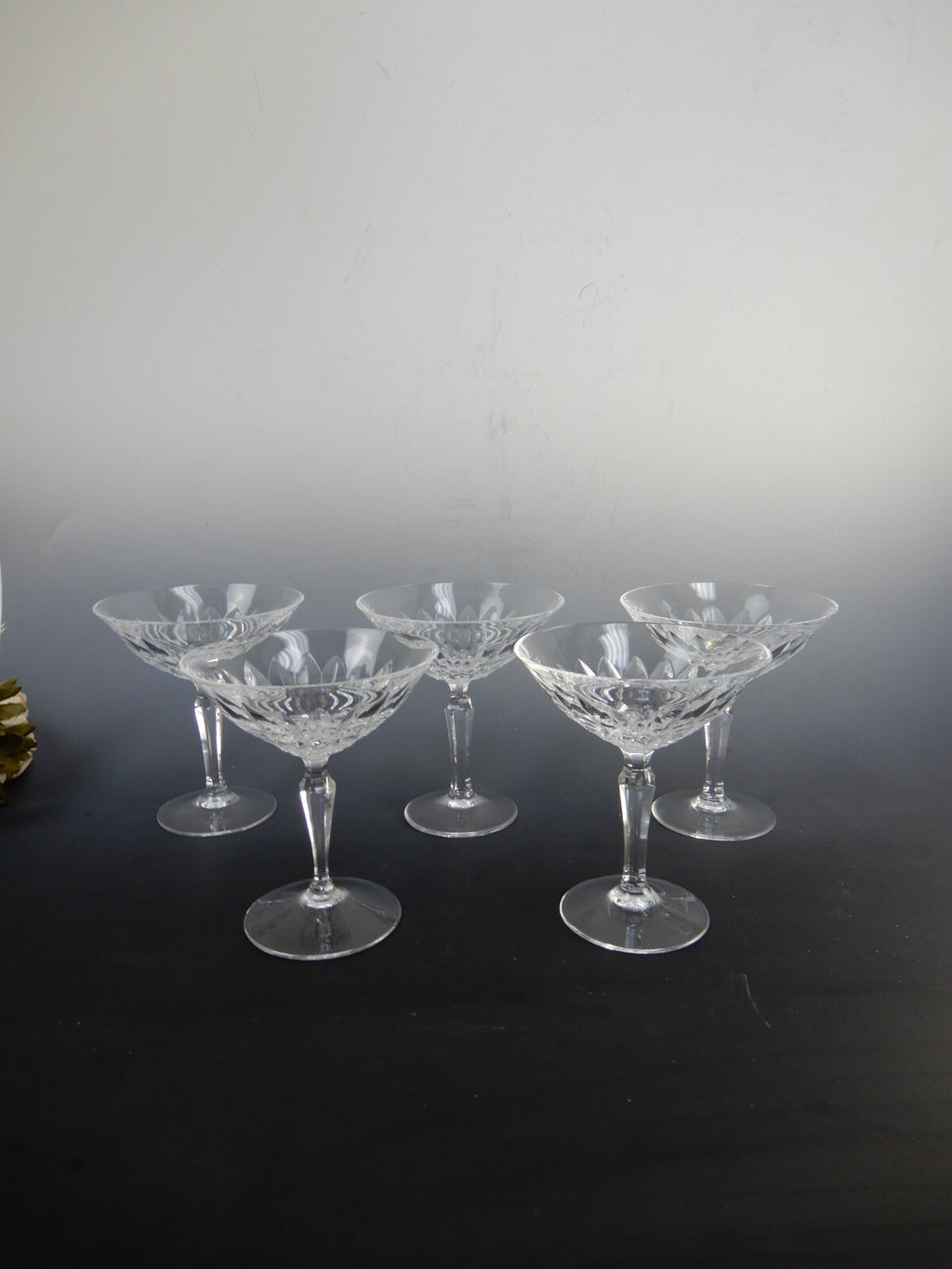 Josair Edith Crystal Stem 5 Saucer Champagne Feather Cuts Glasses