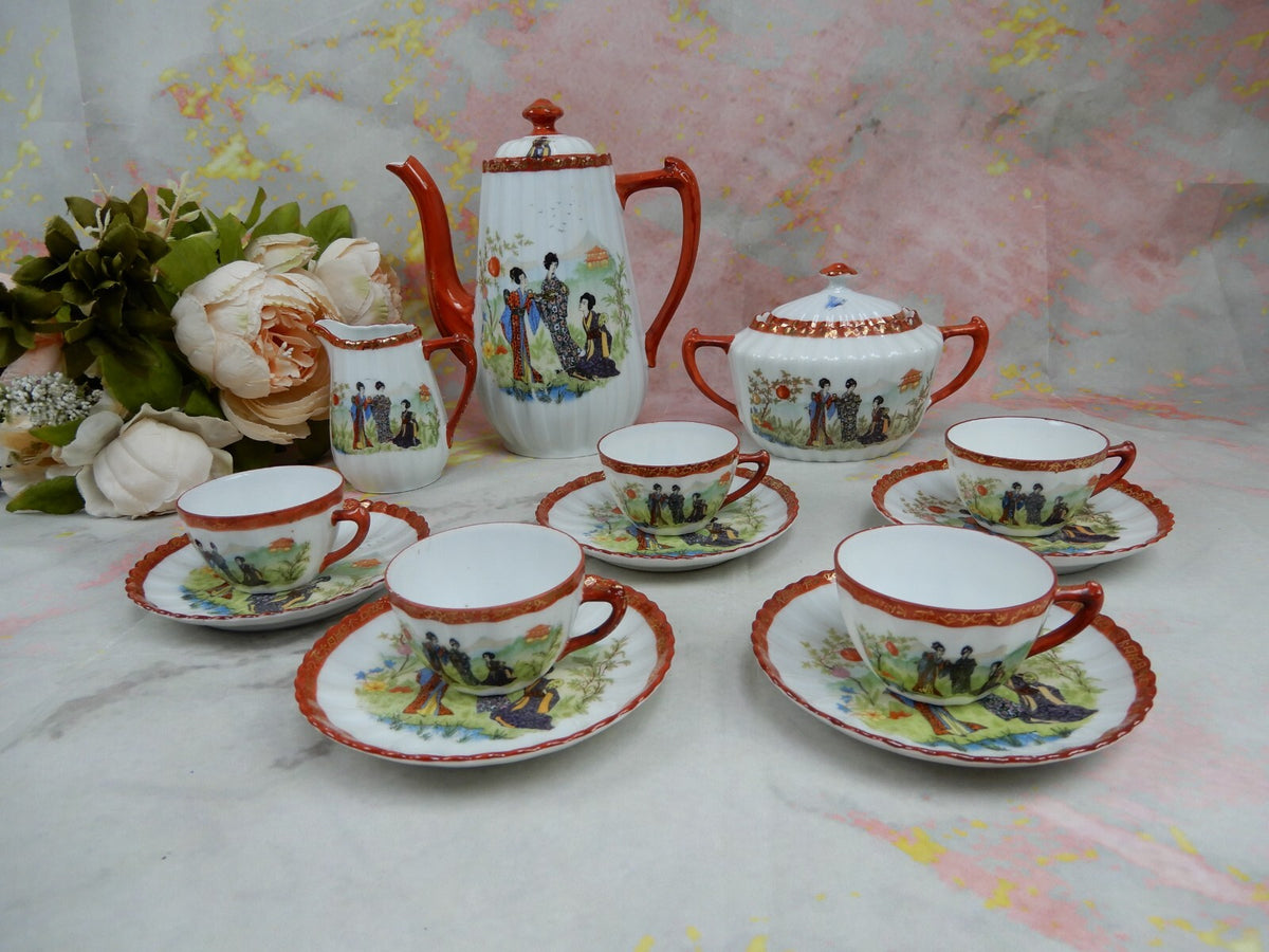 Vintage Children's Pot,Sugar Bowl,Creamer,5 Cups and Saucers w/ Geishas Red Mark