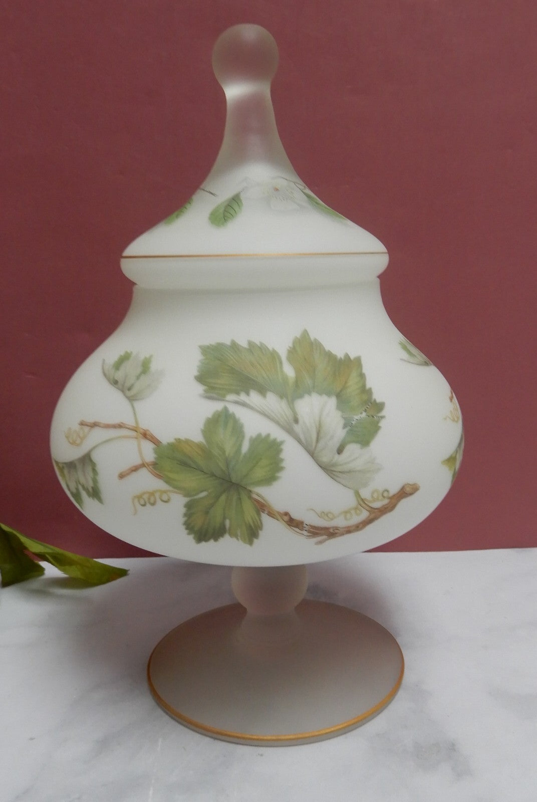 Vintage Norleans Italy Covered Compote Satin Frosted Glass Pedestal Candy Dish