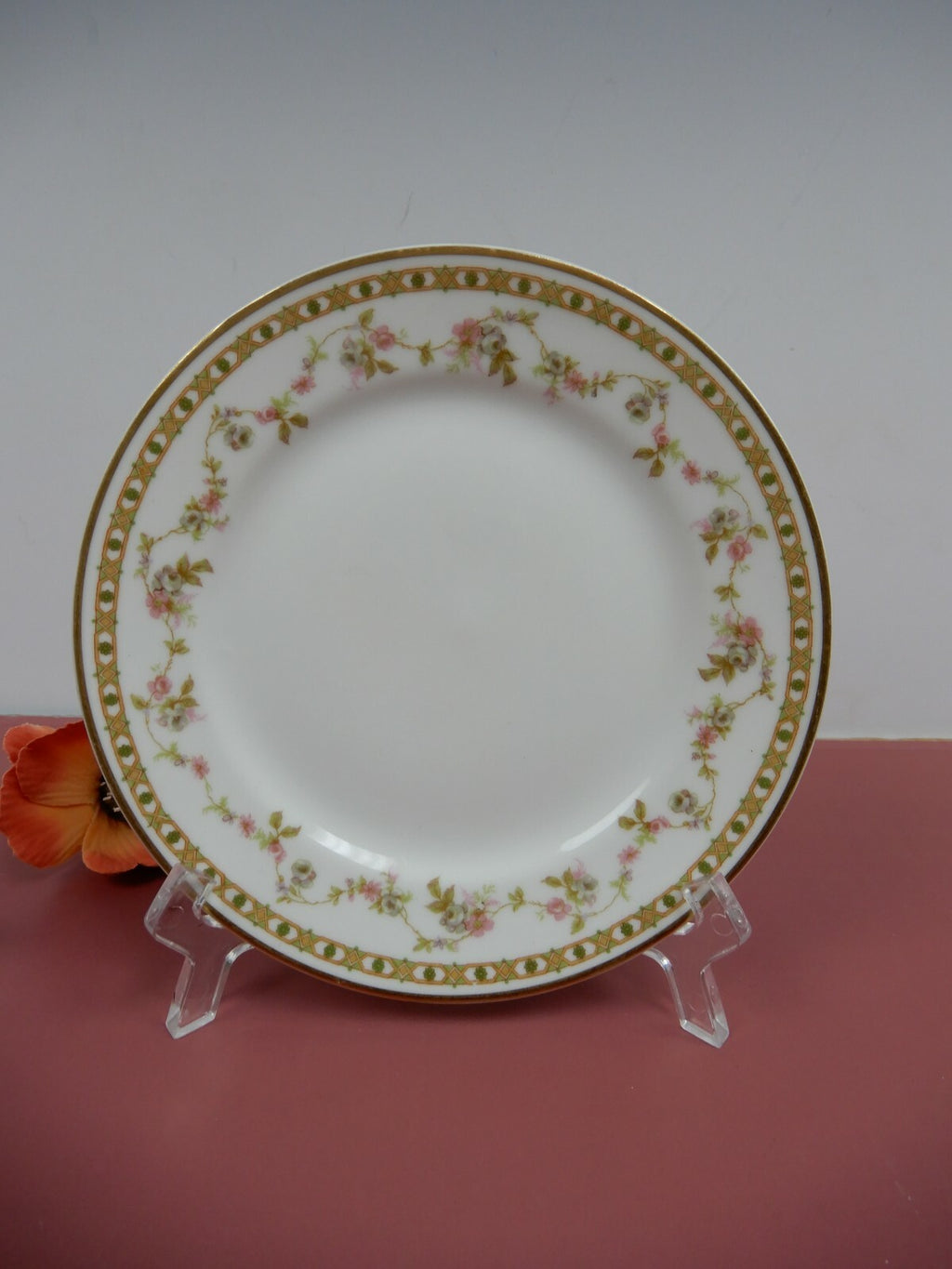 Theodore Haviland Limoges France Set of 4 Pink Roses B/B Plates w/ Gold Trim