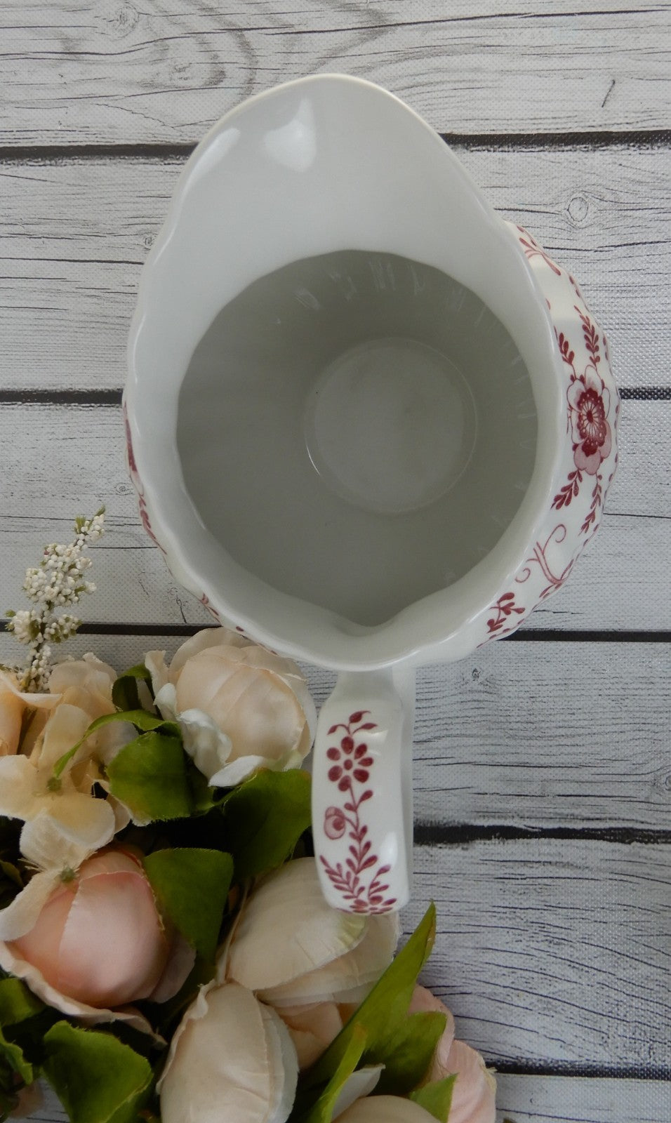 Vintage Johnson Bros. Indies White/ Pink Floral Ironstone Milk Jug England 32 oz