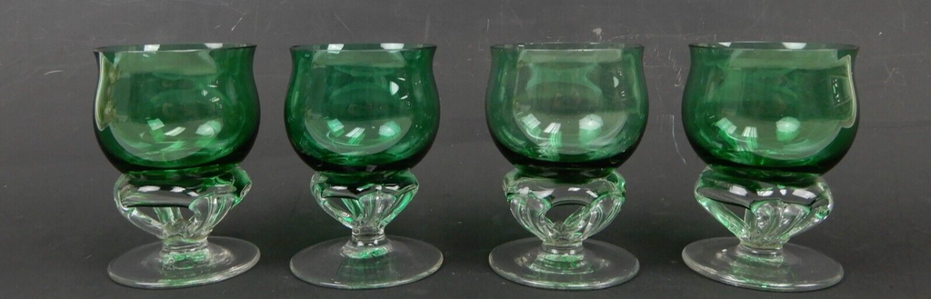 4 Hand Blown Forest Green With Clear Stemmed Cordial Liqueur 4oz Glasses