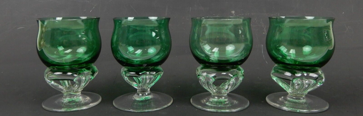 4 Hand Blown Forest Green With Clear Stemmed Cordial Liqueur 4oz Glasses