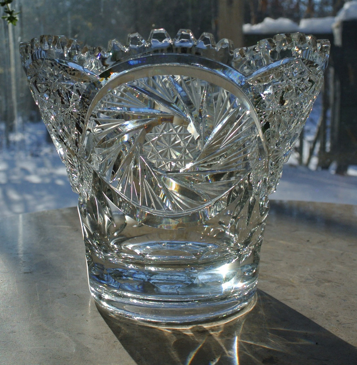 American Brilliant Period Hand Cut Glass Vase w/Hobstar, Pinwheels,Saw Tooth Rim