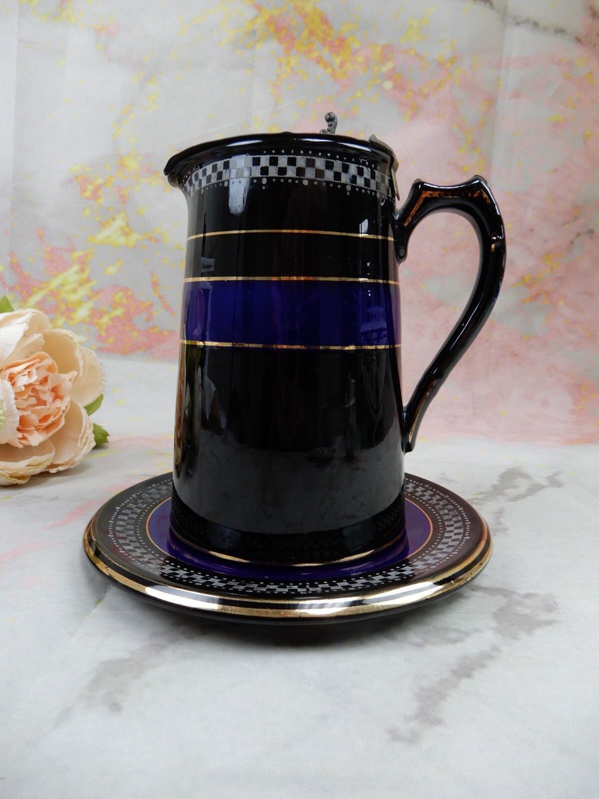 Vintage Ceramic Syrup Pitcher  with Metal Lid and Underplate