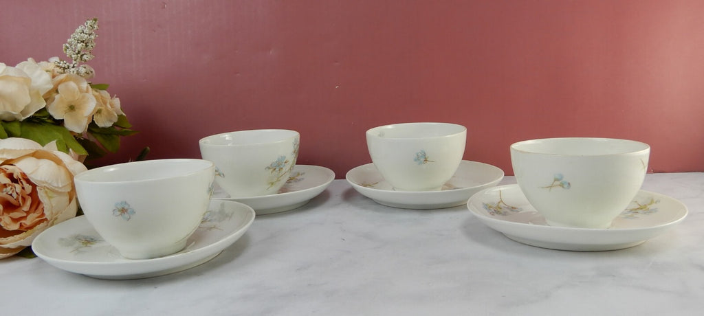 Antique Limoges A. Lanternier France Porcelain Blue Floral 4 Cups and Saucers