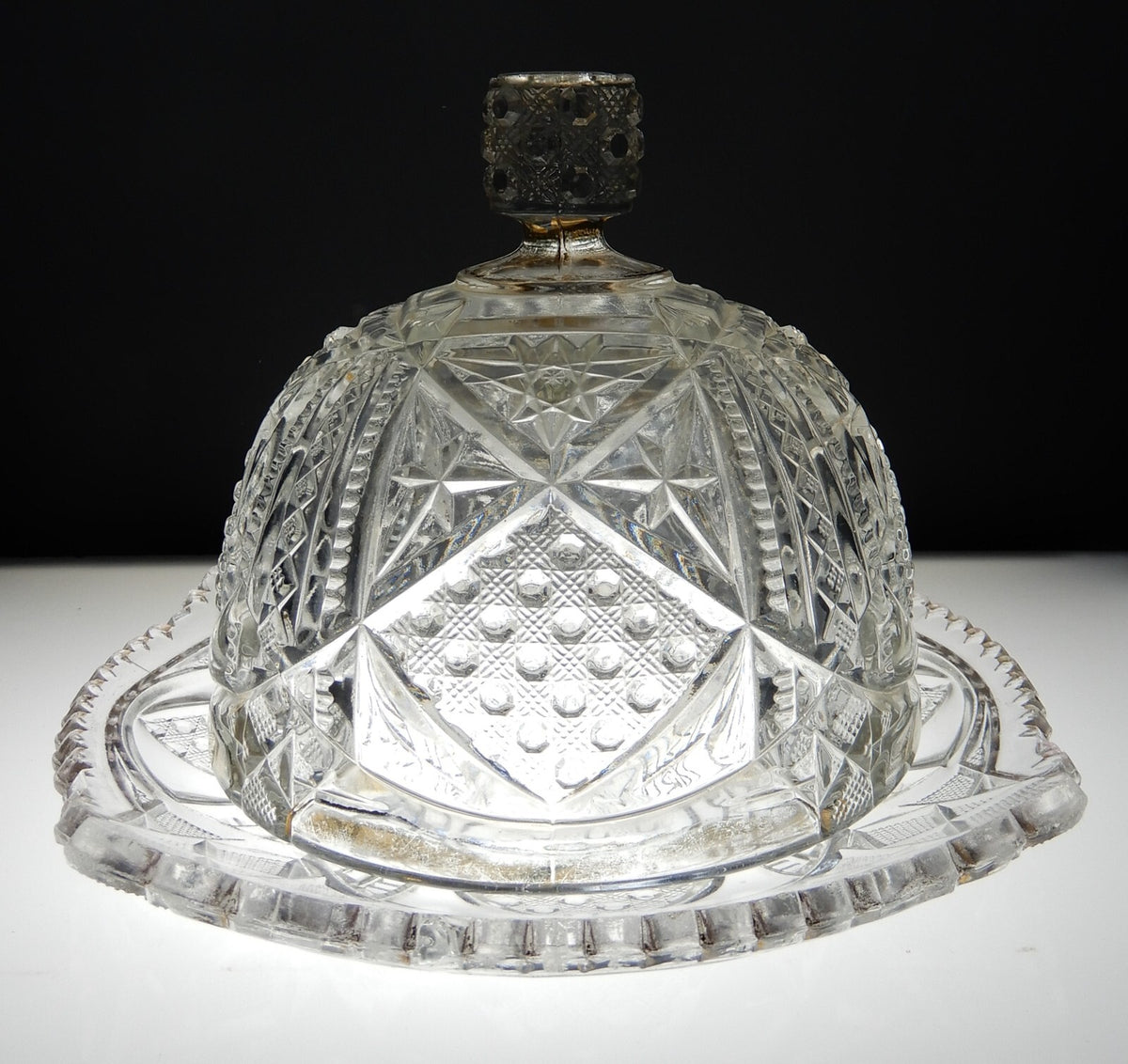 Vintage Clear Press Glass Lidded Round Butter Dish Gold Rims
