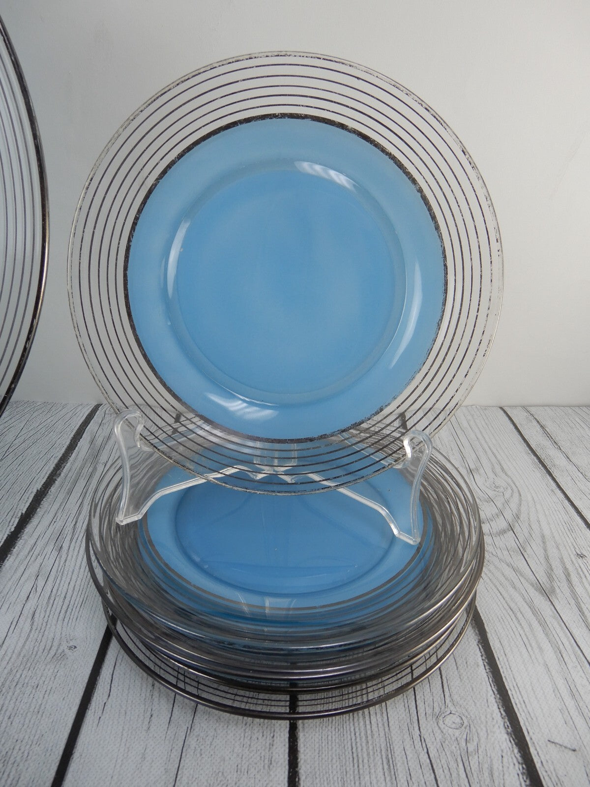Set of Silver Rim Glass Blue Color Cake Plate and 8 Piece 7-1/2" Dessert Plates