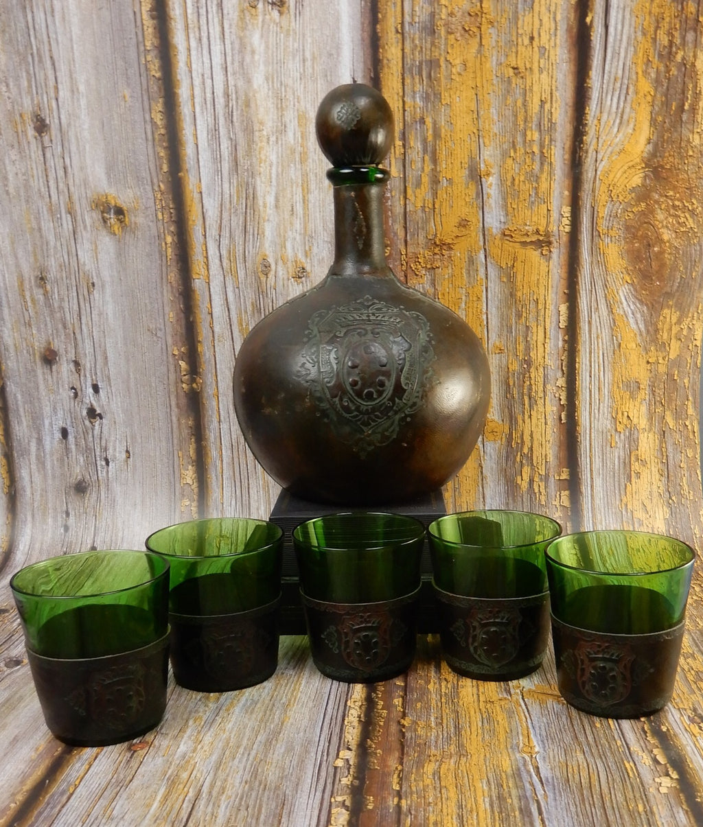 Italian Leather Wrapped Decanter Green Glass Liquor Bottle w/Matching Glasses