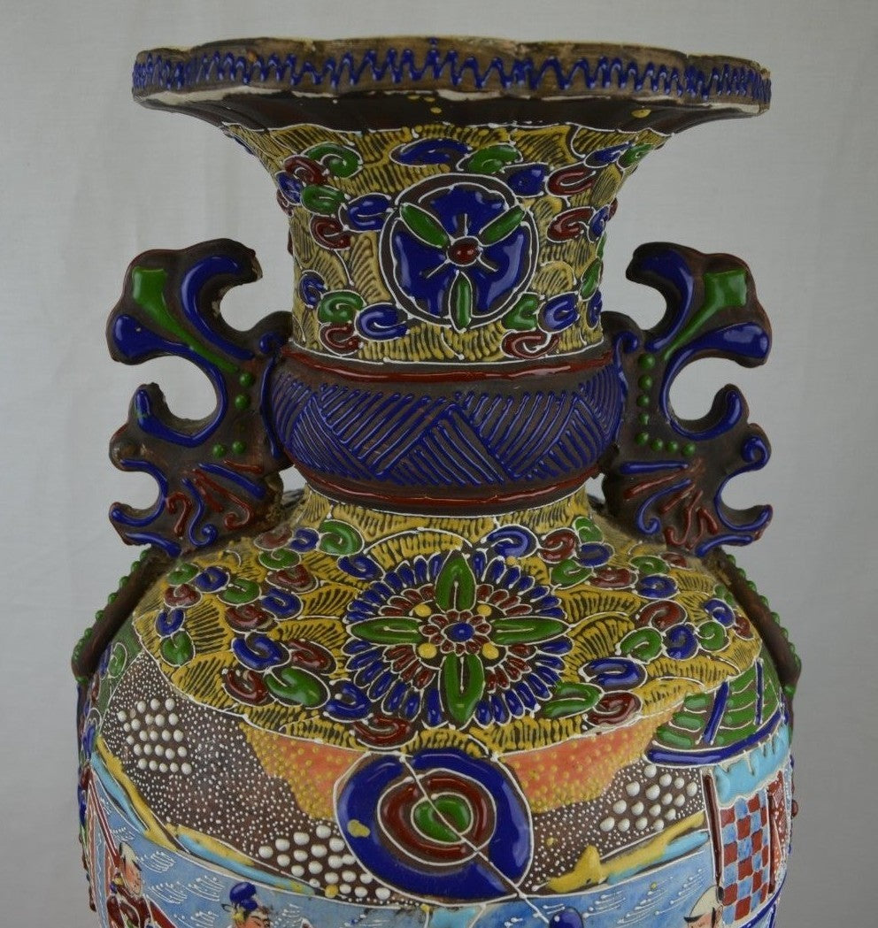 Antique c. Meiji Japanese Moriage Satsuma Detail Handpainted Vase,25" Tall~ B