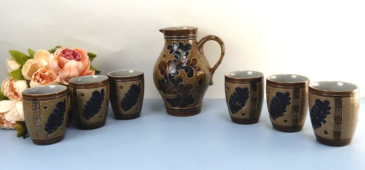 Vintage Marzi Remy German Stoneware Brown Blue Salt Glaze Wine /Jug W/ 6 Cups