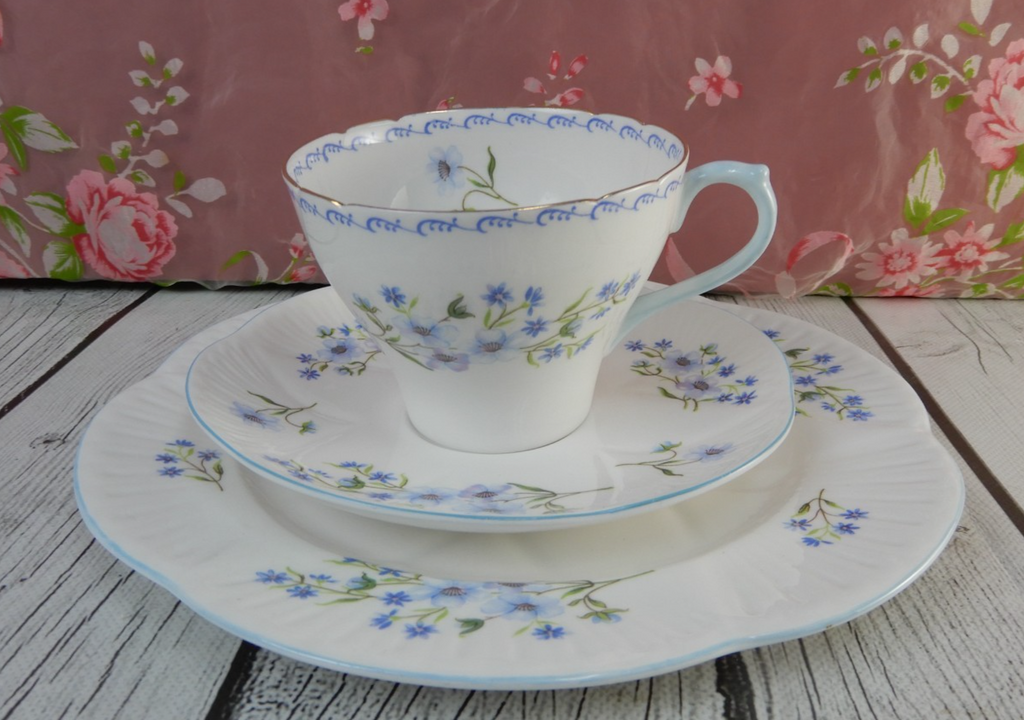 Shelley Blue Rock Trio Cup, Saucer and Dessert Plate Cambridge Shape English