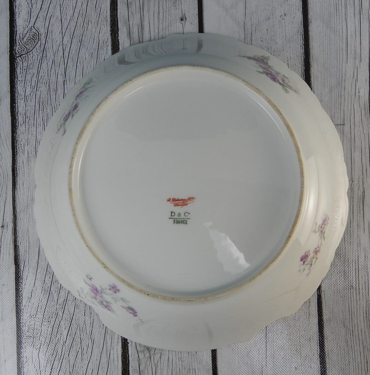 Antique  D & C Limoges France Serving Bowl Purple Scalloped Rim 10-1/4” D