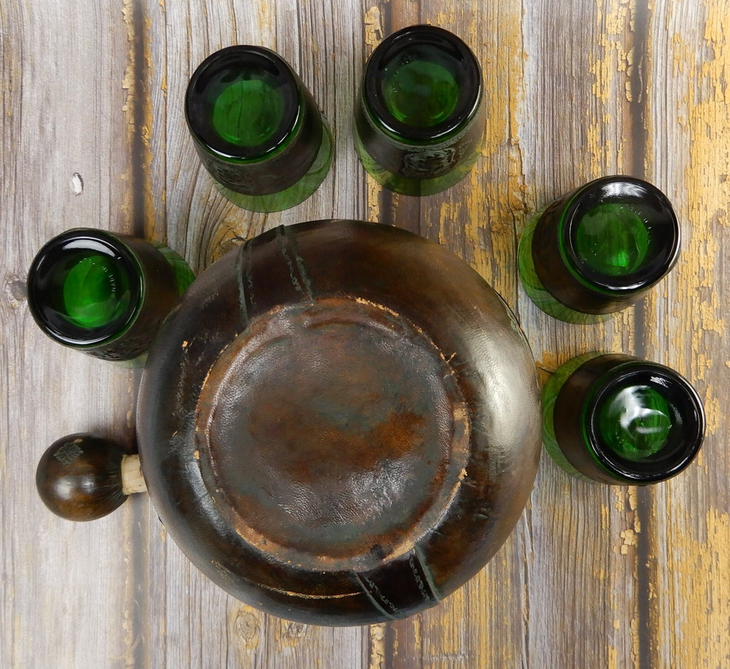 Italian Leather Wrapped Decanter Green Glass Liquor Bottle w/Matching Glasses
