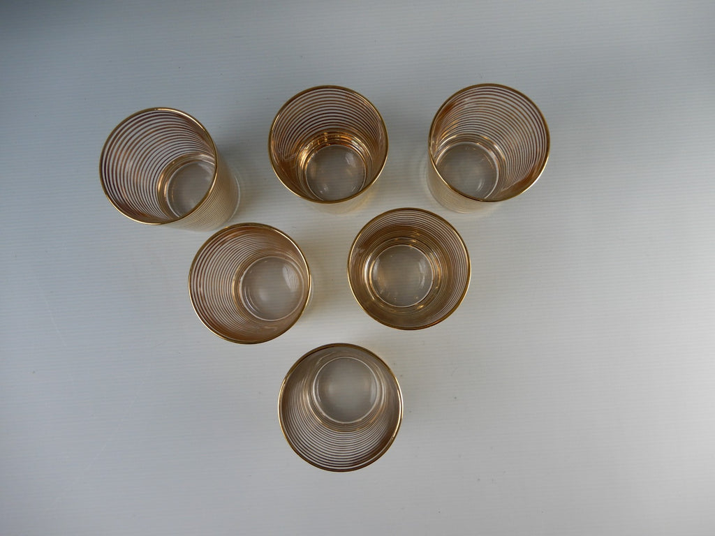 6 Pc. Hollywood Regency Rock Glasses W/Horizontal Metallic Gold Bands 8 oz
