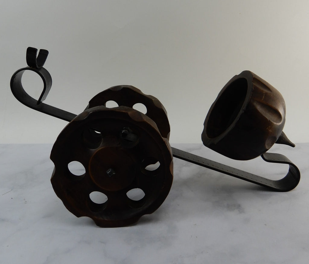 Vintage Cast Iron and Wood Wine Cannon Bottle Holder Made in Spain