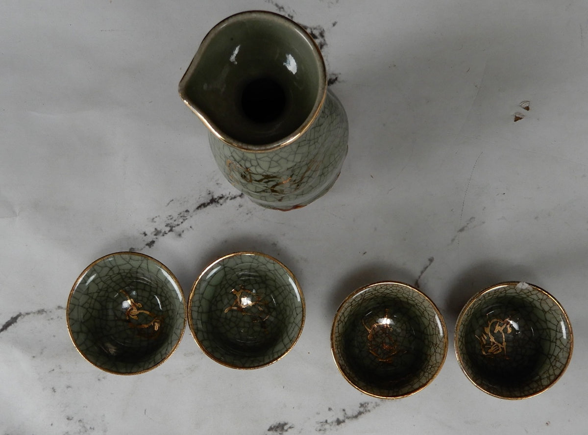 Vtg Japanese Obori Soma Ware Guinomi by Hansho “kikuoshi” Sake Pitcher and Cups