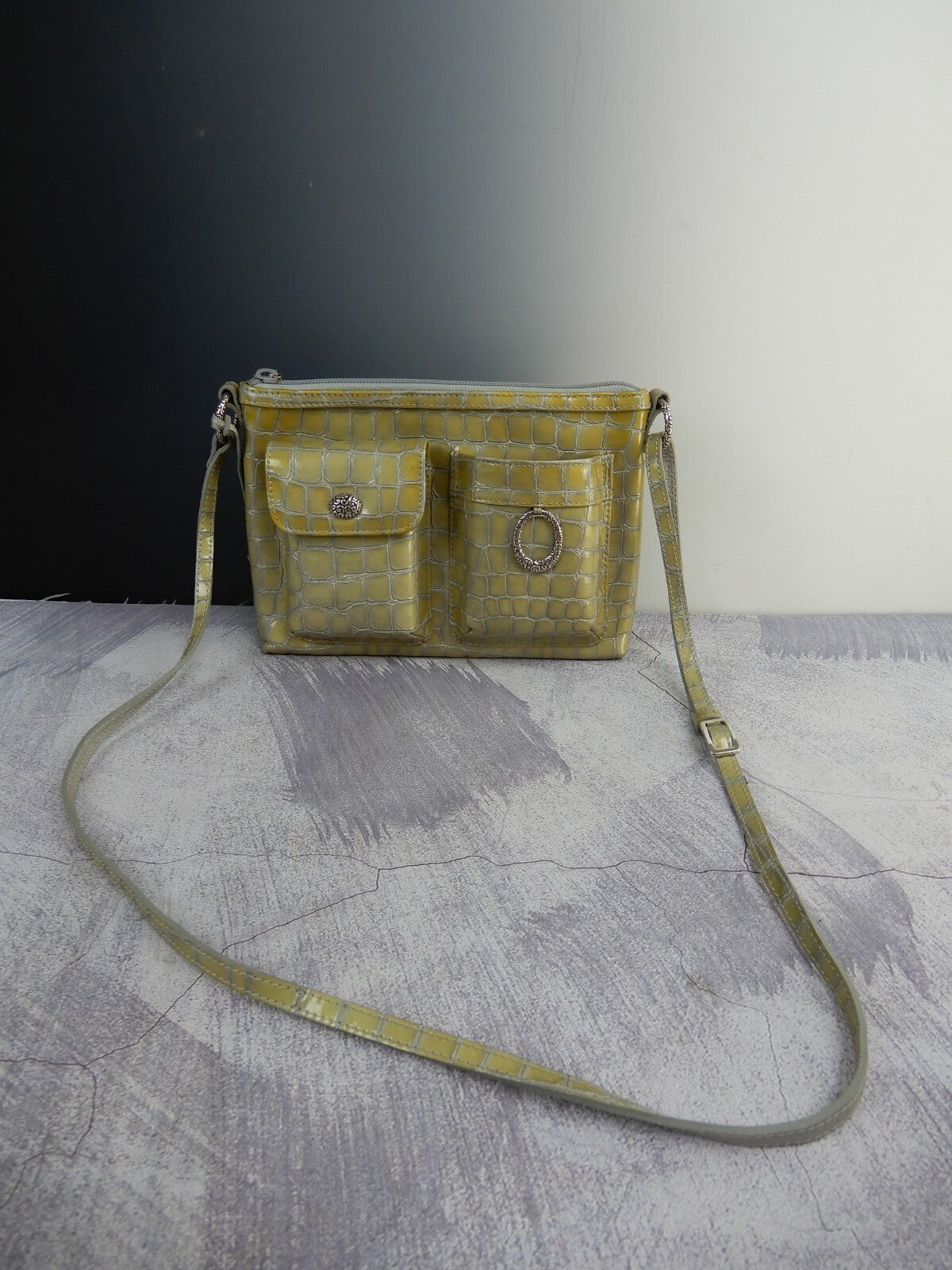 Vintage Brighton Patent Leather Crossbody Croc Embossed Gray/Green 9" by 7"