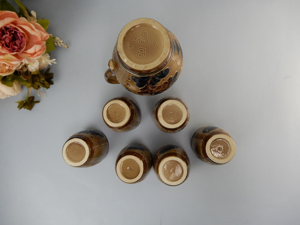 Vintage Marzi Remy German Stoneware Brown Blue Salt Glaze Wine /Jug W/ 6 Cups