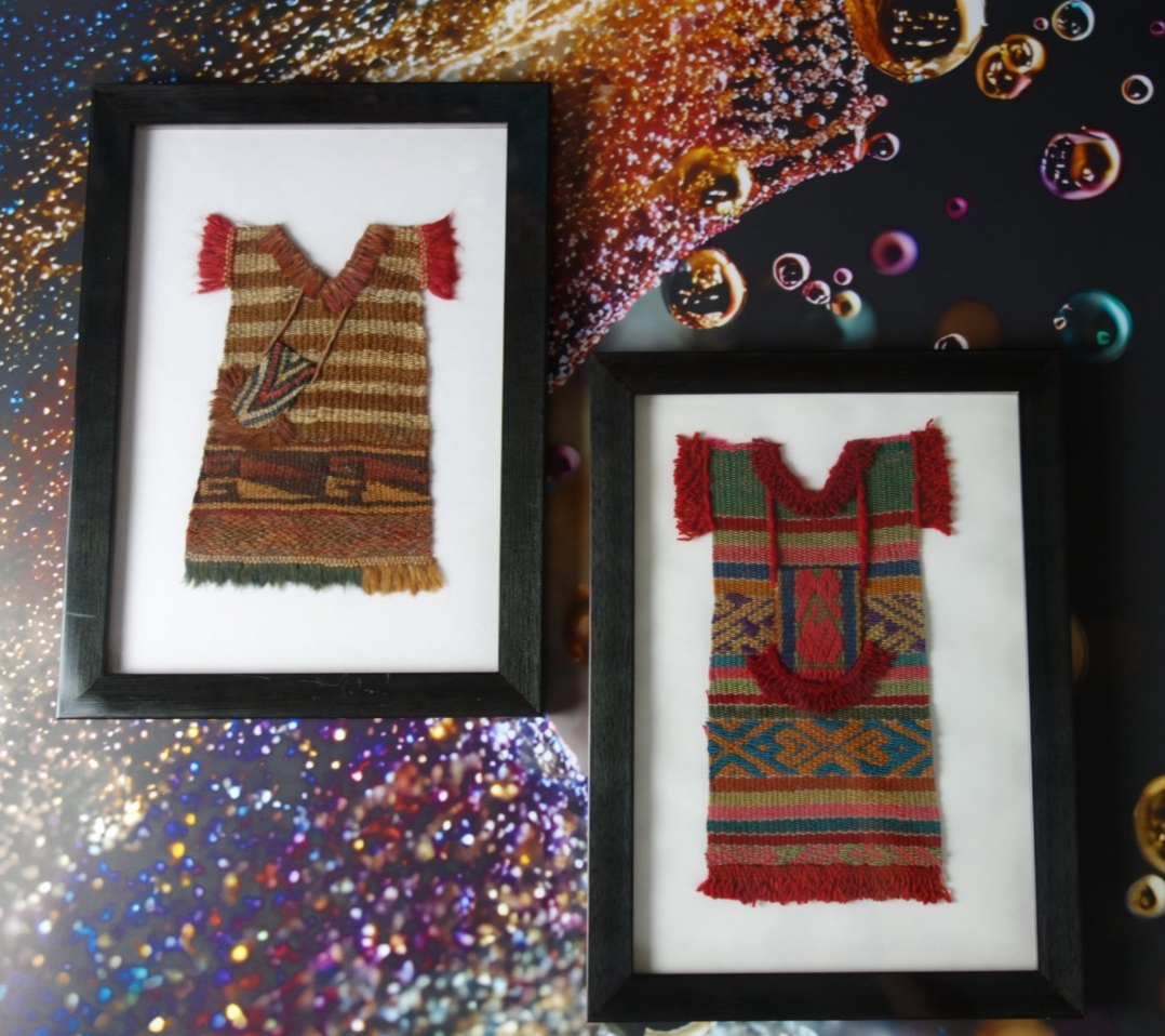 Pair of Precolombian Woven Textile Small Doll Dress Framed 11" X  8"