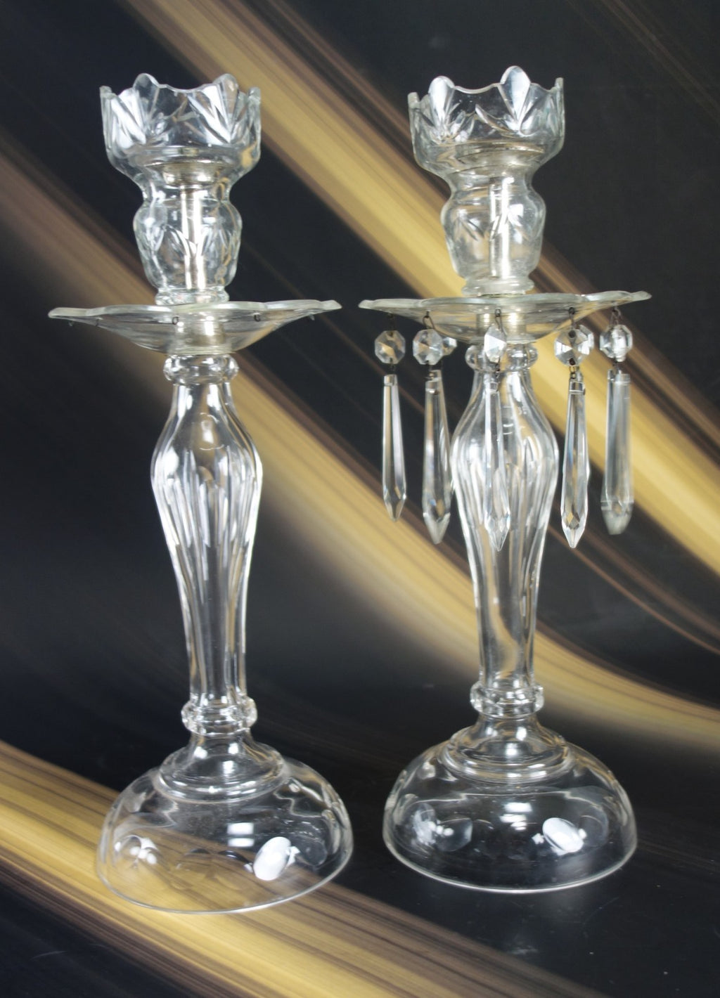2 Glass Table Lamps /Candle Holders One W/ Hanging Crystals For parts or Repair