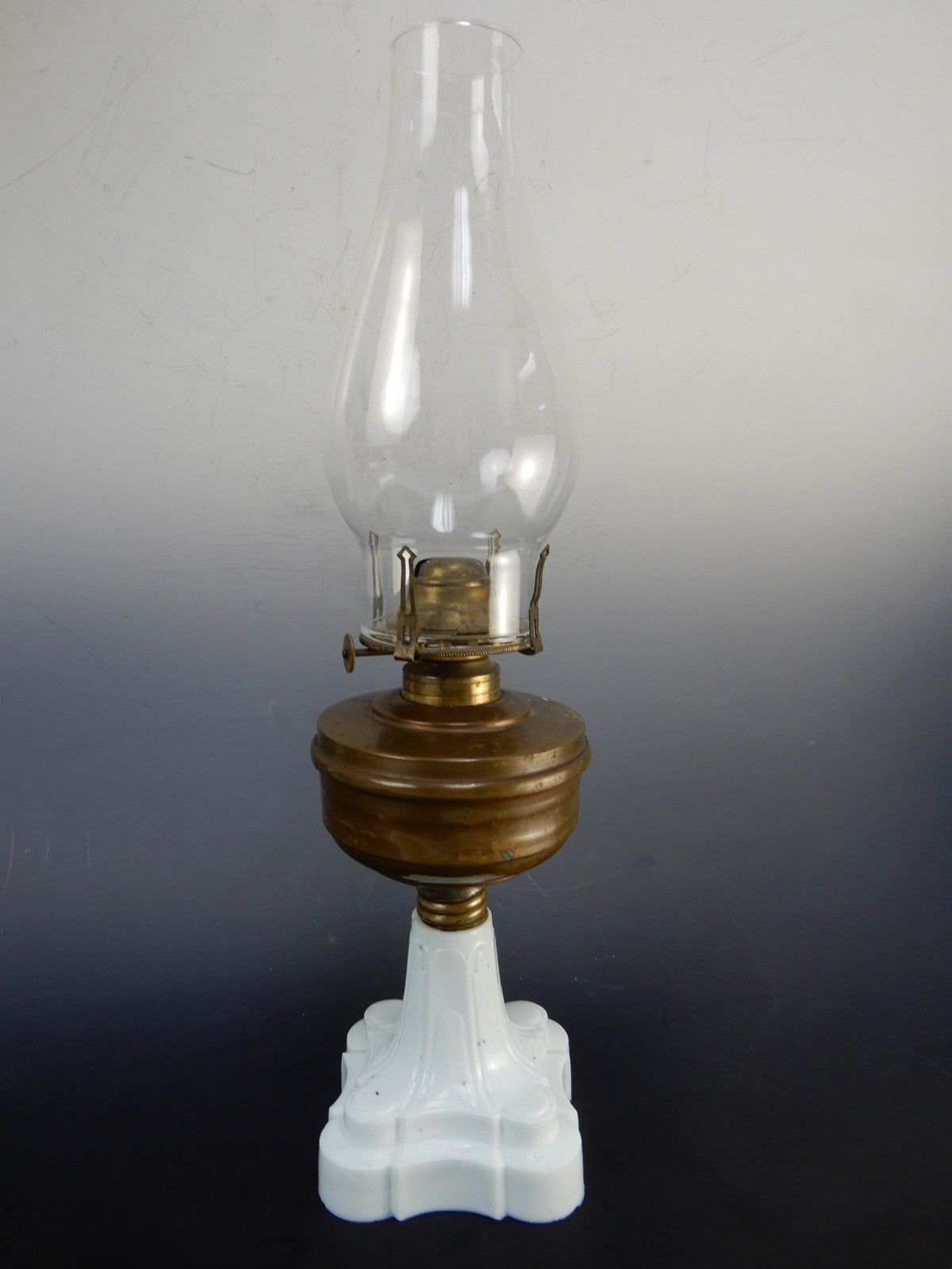 MFG Co No. 1 Queen Ann Burner White Milk Glass Base Oil Lamp