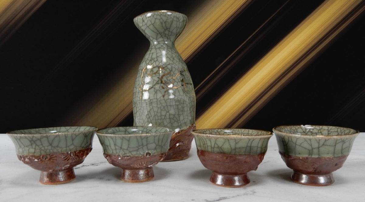 Vtg Japanese Obori Soma Ware Guinomi by Hansho “kikuoshi” Sake Pitcher and Cups