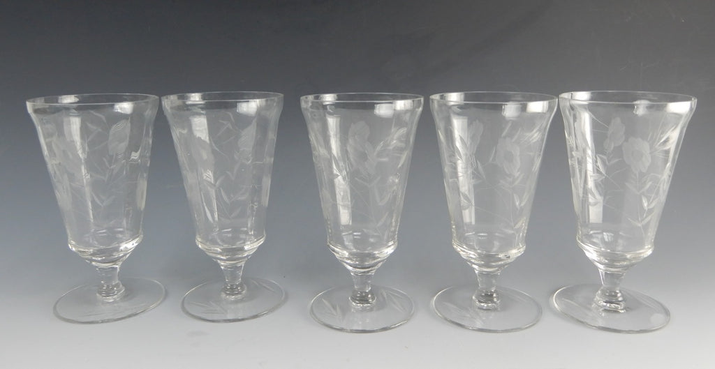 Set of 5 Optic Parfait /ice tea Floral Etch Glasses 5-3/8" High ~ Hold 14oz