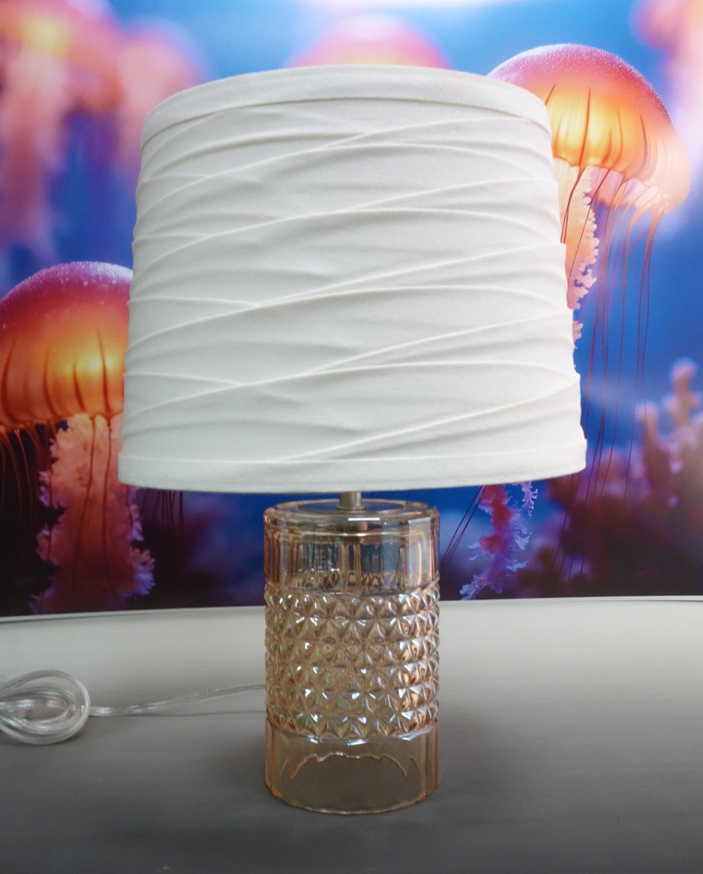 Diamond Point Glass Cylindrical Amber Color Accent Table Lamp with Fabric Shade