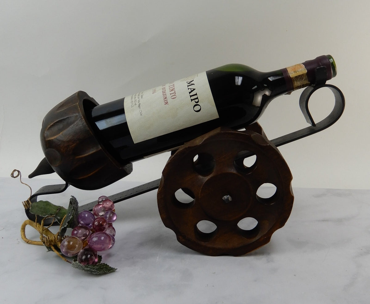 Vintage Cast Iron and Wood Wine Cannon Bottle Holder Made in Spain