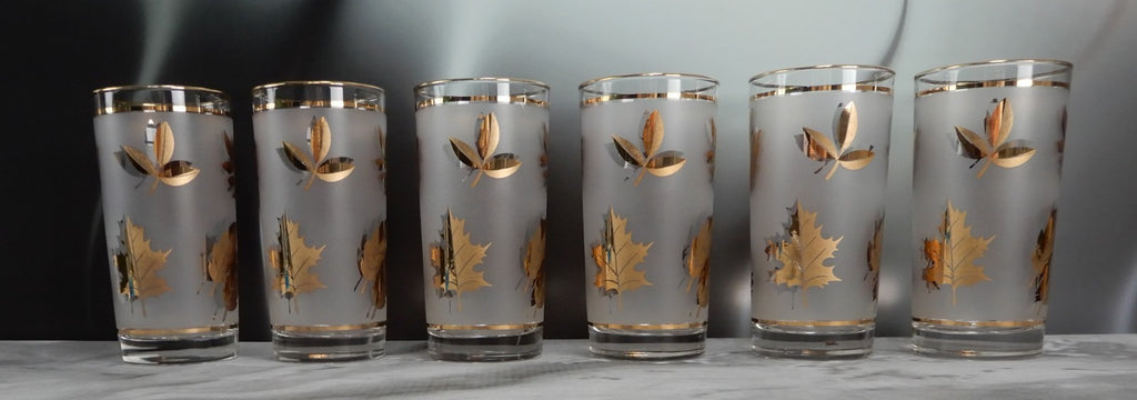 Vtg. Libbey Frosted Golden Foliage Gold Leaf Glass Highball Tumblers, Set of 6
