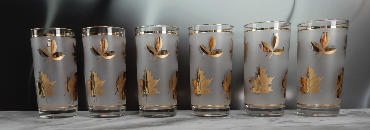 Vtg. Libbey Frosted Golden Foliage Gold Leaf Glass Highball Tumblers, Set of 6