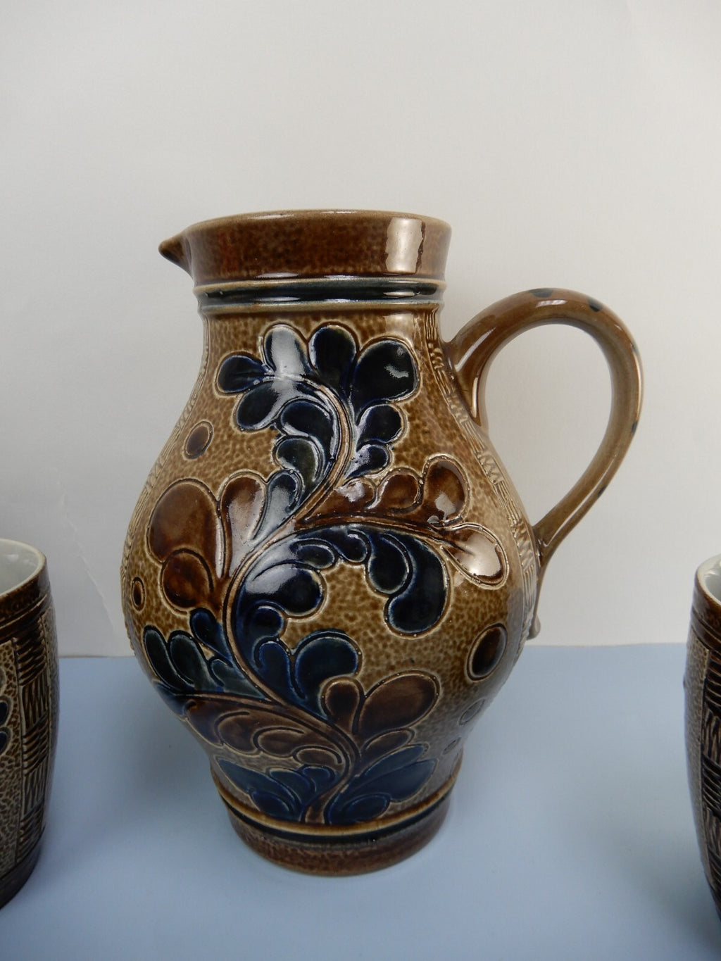 Vintage Marzi Remy German Stoneware Brown Blue Salt Glaze Wine /Jug W/ 6 Cups