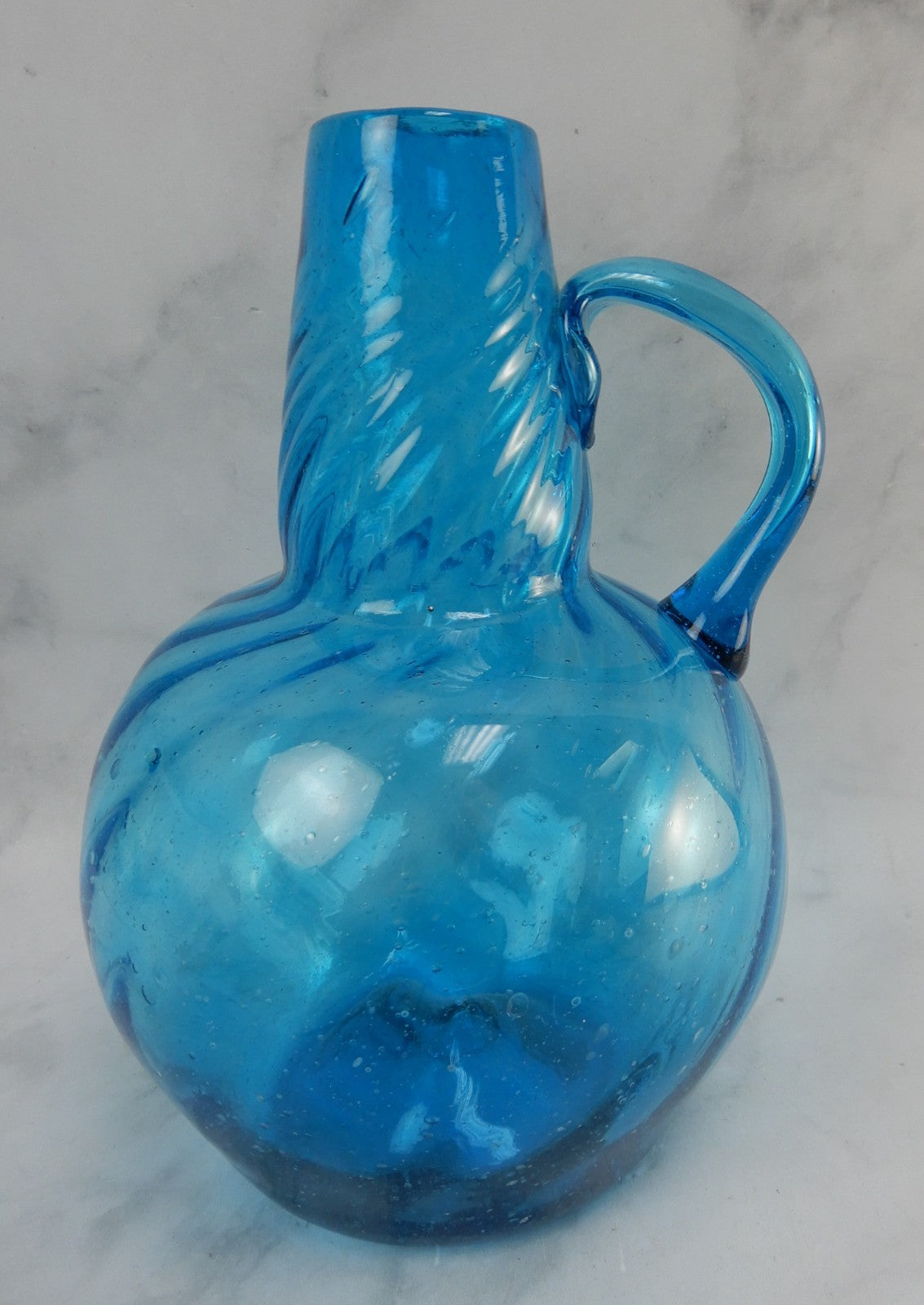 Vintage Avalos Mexican Tornillo Turquoise Hand Blown Pitcher and Four Glasses