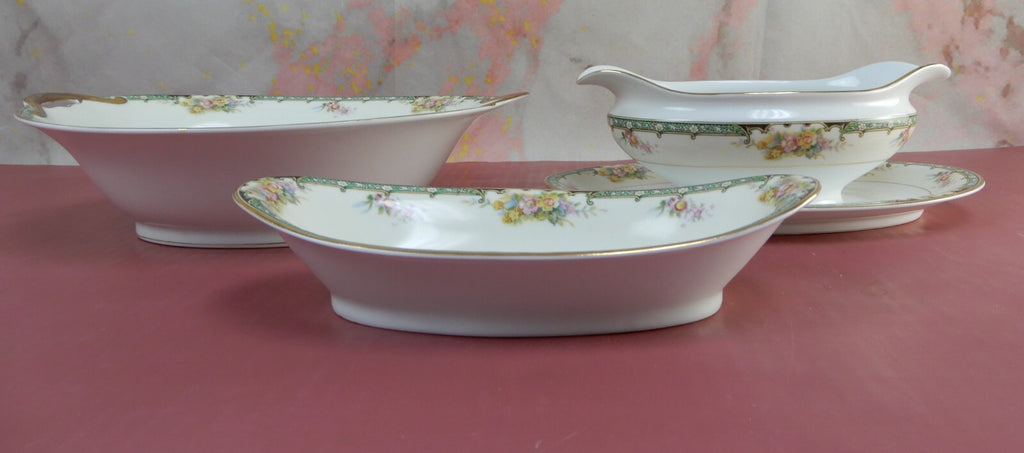 Vintage Noritake "Estelle" Japan Gravy Boat, Oval Serving Bowl and Relish Dish