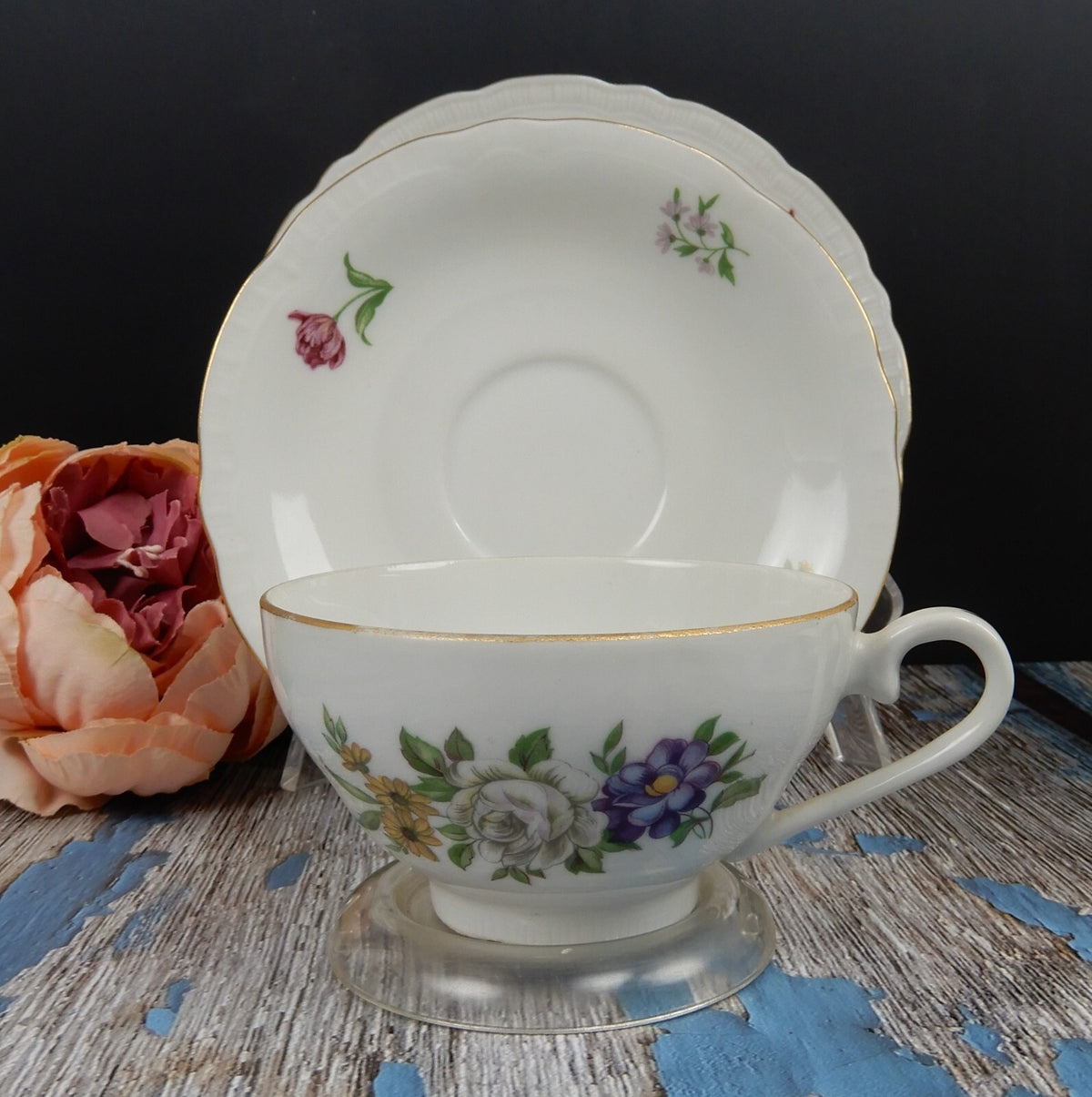 Vintage " Bouquet" Europa Fine Porcelain Trio Made In Czechoslovakia