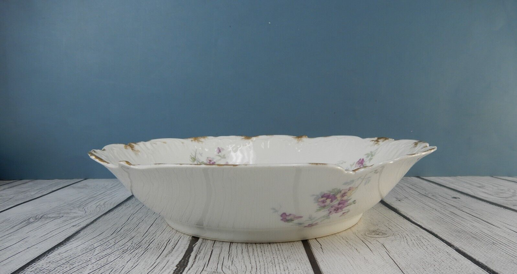 Antique  D & C Limoges France Serving Bowl Purple Scalloped Rim 10-1/4” D