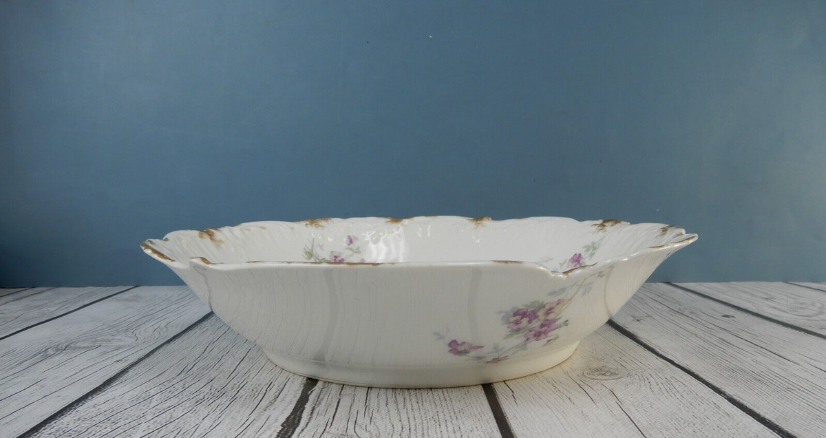 Antique  D & C Limoges France Serving Bowl Purple Scalloped Rim 10-1/4” D