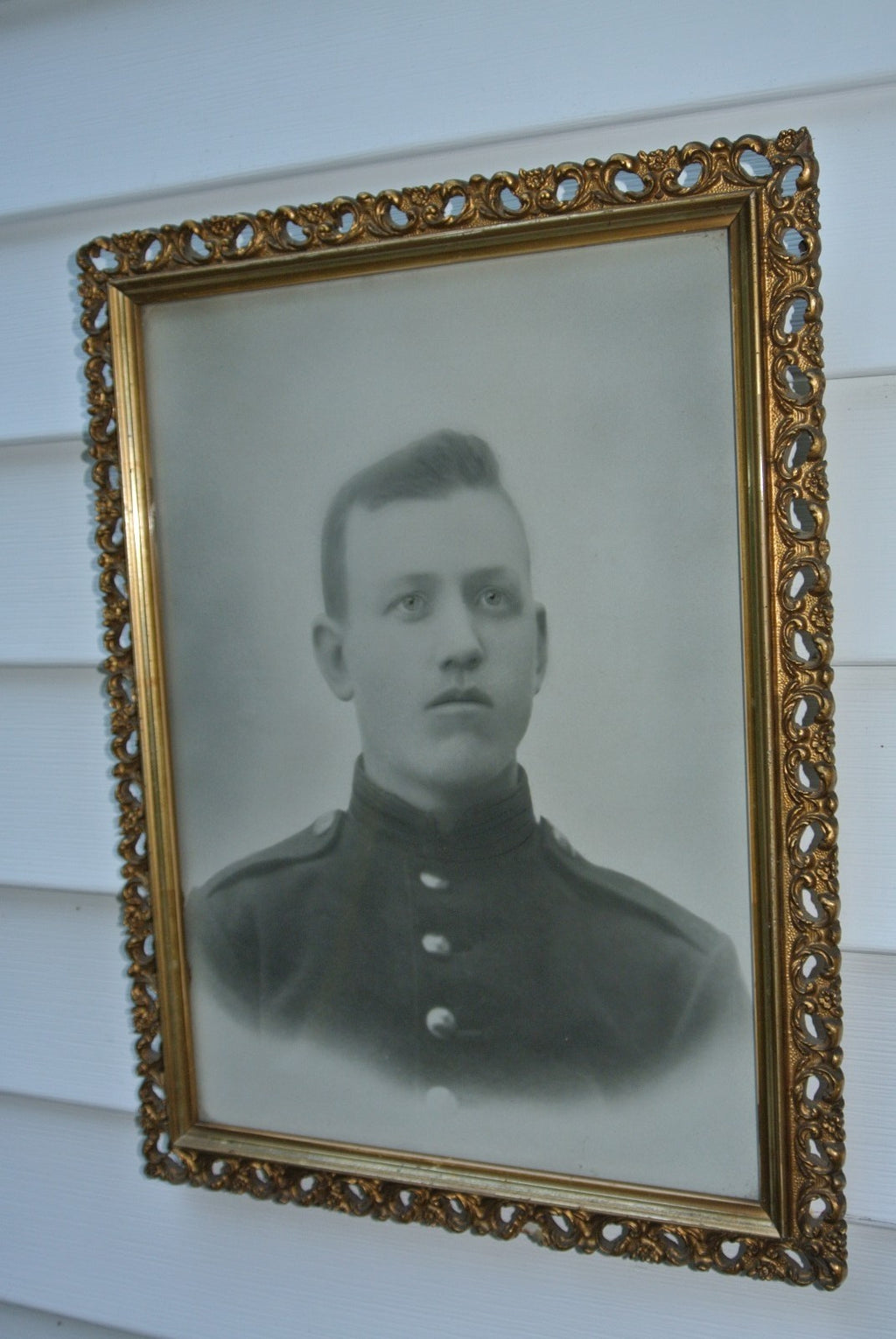Vintage Antique Black and White Photo Print of Young Man In Meta Frame. Military